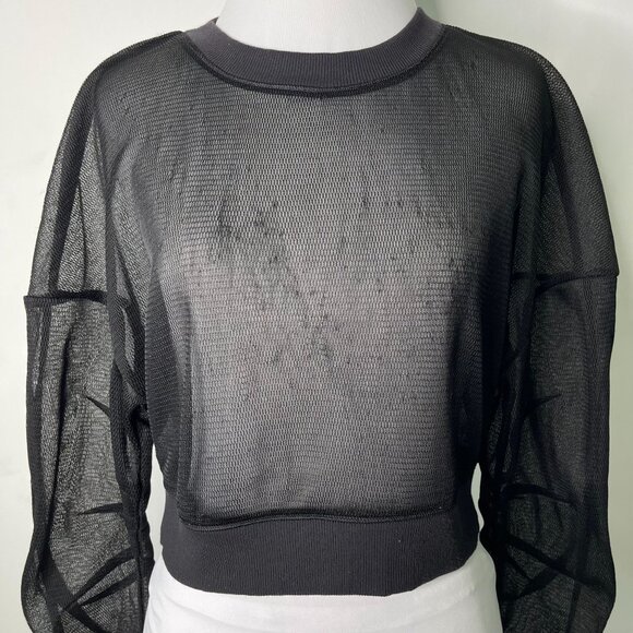 Alo Women's Black Sheer Mesh Long Sleeve Cropped Crewneck Top Size Medium - Picture 2 of 11